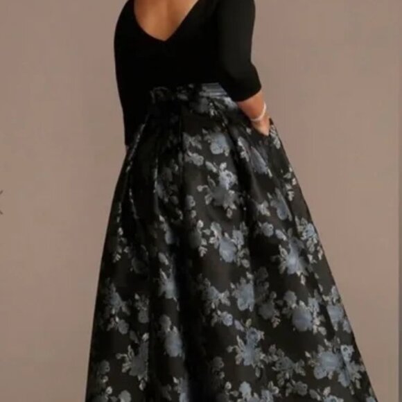 Crepe Ball Gown with Pleated Brocade Skirt - Picture 2 of 6